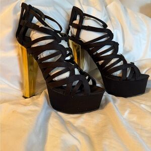 Strappy Black and Gold Platform Heels